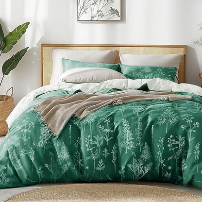 Love's cabin Emerald Comforter Set Queen - Queen Size Comforter Set, 3 Pieces Cute Floral Bedding Sets for All Seasons,1 Soft Reversible Botanical Flowers Comforter and 2 Pillow Shams