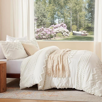 Luxudecor Boho Tufted Comforter Set King Size 3 Pieces White Shabby Chic Comforter Farmhouse Embroidery Bed Set Soft Comforter for All Seasons (White, 104''x90'')