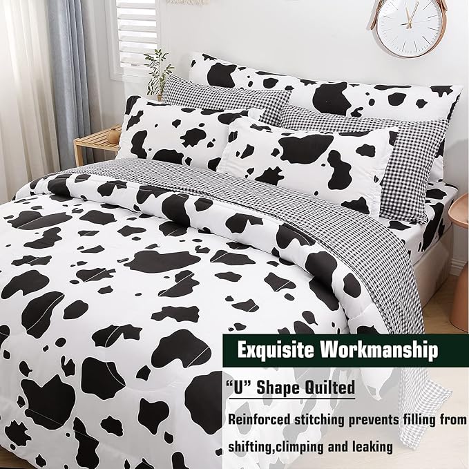 SUCSES King Size Cow Comforter Set 8 Pieces Black and White Bedding Set Cute Cowhide Bed in A Bag Soft Geometric Quilts (Cow Pattern, King Size)