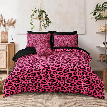 Leopard Print Comforter King Black and Pink Bedding Sets 8 Pcs Hot Pink Cheetah Animal Print Texture Wild Leopard Bed in A Bag with Comforter and Sheet Set