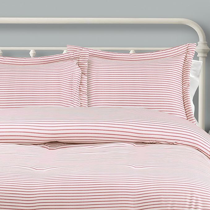 Lush Decor Farmhouse Stripe Reversible Cotton Comforter Set, 3 Piece Set, Full/ Queen, Red - Cozy Farmhouse Bedding Set - Rustic Decor - Striped Comforter - Modern Farmhouse Bedroom Decor