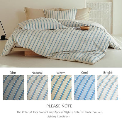 King Size Cotton Comforter Set, 3Pcs Blue Beige Striped Duvet for All Seasons, Luxury Warmth Breathable Bedding Set with 1 Lightweight Comforter and 2 Pillow Shams