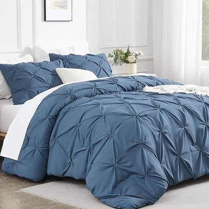 Andency Ocean Blue Pinch Pleat Comforter Full(79x90Inch), 3 Pieces(1 Down Alternative Comforter and 2 Pillowcases) Ocean Blue Bed Set Microfiber Pintuck Bedding Set