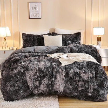 Andency Faux Fur Tie-Dyed Dark Grey Comforter King Size, 3 Pieces Fluffy Fuzzy Plush Bedding Comforter Set (1 Shaggy Velvet Comforter & 2 Pillowcases), Soft Puffy Comfy Down Comforter Bedding Set