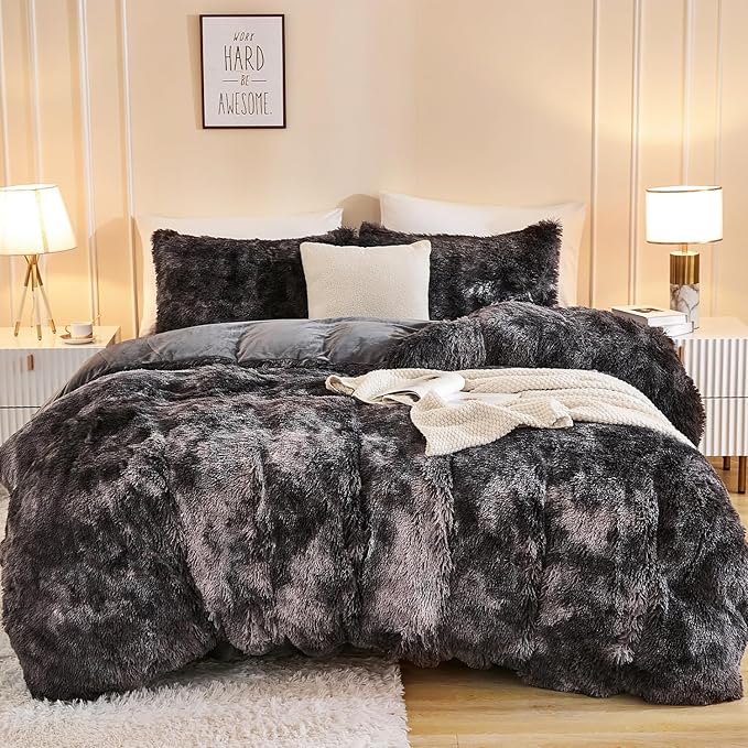 Andency Faux Fur Tie-Dyed Dark Grey Comforter for Queen Size Bed, 3 Pieces Fluffy Fuzzy Plush Bedding Comforter Set (1 Shaggy Velvet Comforter & 2 Pillowcases)