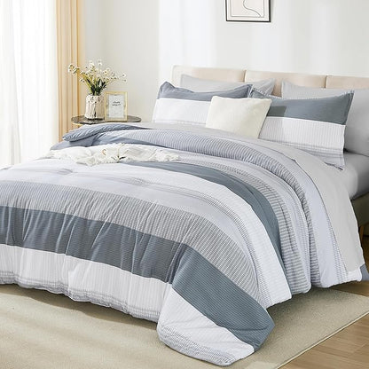 Andency Full Size Comforter Set 7 Pieces - Light Grey Striped Lightweight Bed in a Bag, Soft Microfiber Farmhouse All Season Bedding Set with Comforter, Fitted & Flat Sheet, Pillowcases & Shams