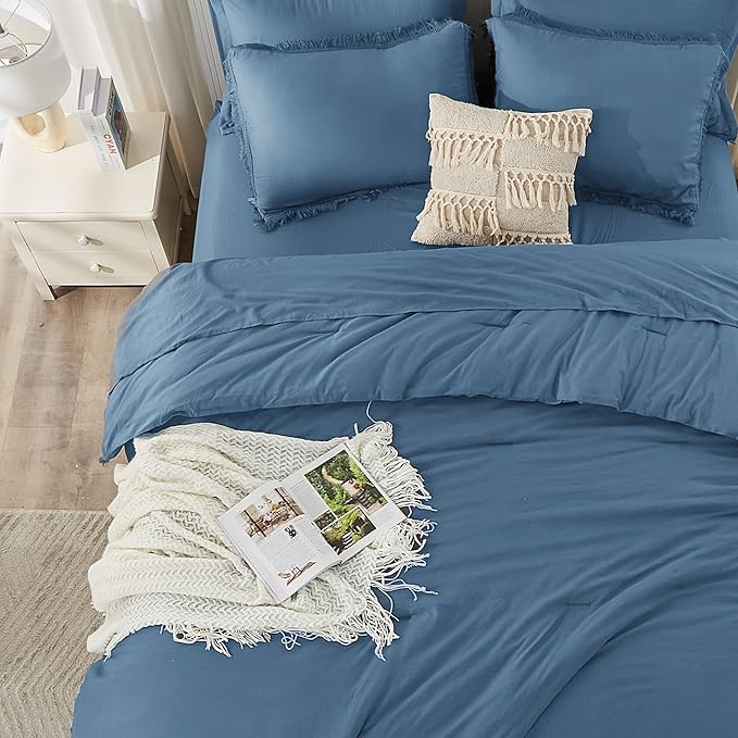 Andency Full Size Comforter Set Sea Blue -7 Pieces Boho Tassel Bed in a Bag Soft Lightweight Bedding Sets, Fringe All Season Bed Set with Comforter, Sheets, Pillowcases & Shams