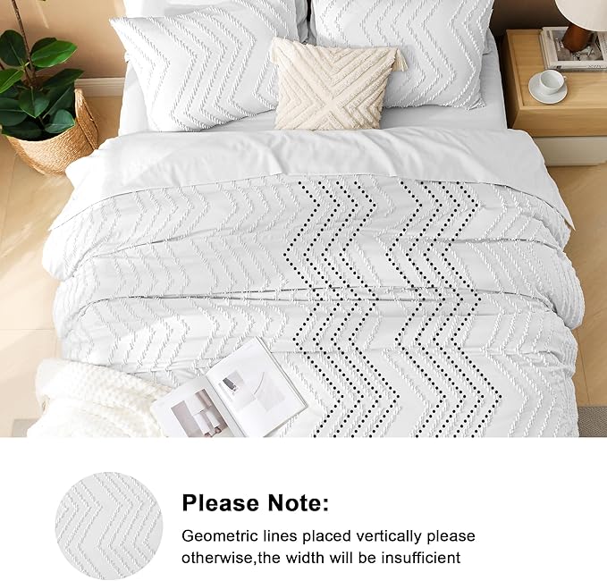 Litanika White Comforter Full Size Set with Sheets - 7 Pieces Boho Bed in a Bag Chevron Tufted Complete Bedding Sets Lightweight All Season Bed Set with Comforter, Sheets, Pillowcases & Shams