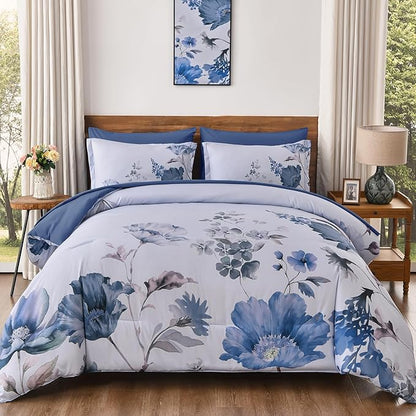 DJY Floral Queen Comforter Set - 7 Pieces Blue Floral Bed in a Bag with Flower Leaves Pattern, Soft Microfiber Botanical Comforter and Sheet Set, All Season Bedding Set (90''x90'')