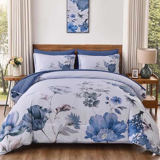 DJY Floral King Comforter Set - 7 Pieces Blue Floral Bed in a Bag with Flower Leaves Pattern, Soft Microfiber Botanical Comforter and Sheet Set, All Season Bedding Set (104''x90'')