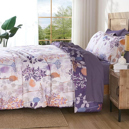 Anibedding 7Pieces King Size Comforter Set, Purple Botanical Bed in a Bag Complete Set with Sheet Pillowcase for Bedroom All Season