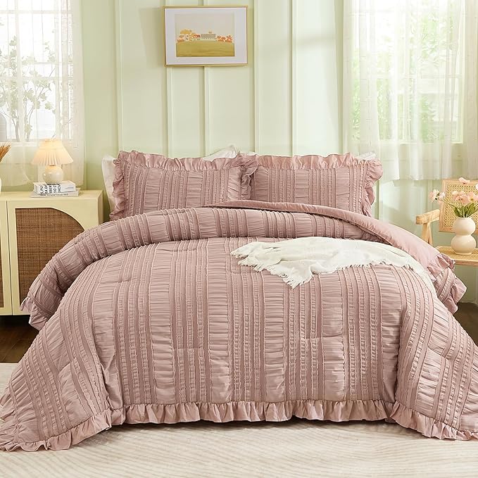 WONGS BEDDING Pink Comforter Set King,3 Pieces Ruffle Farmhouse Shabby Chic Boho Comforter for King Bed,Soft Textured Bedding Set with 1 Ruffle Comforter,2 Tufted Pillowcases 104"×90"
