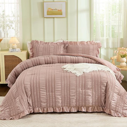 WONGS BEDDING Pink Comforter Set Queen,3 Pieces Ruffle Farmhouse Shabby Chic Boho Comforter for Queen Bed,Soft Seersucker Textured Bedding Set with 1 Ruffle Comforter,2 Tufted Pillowcases 90"×90"
