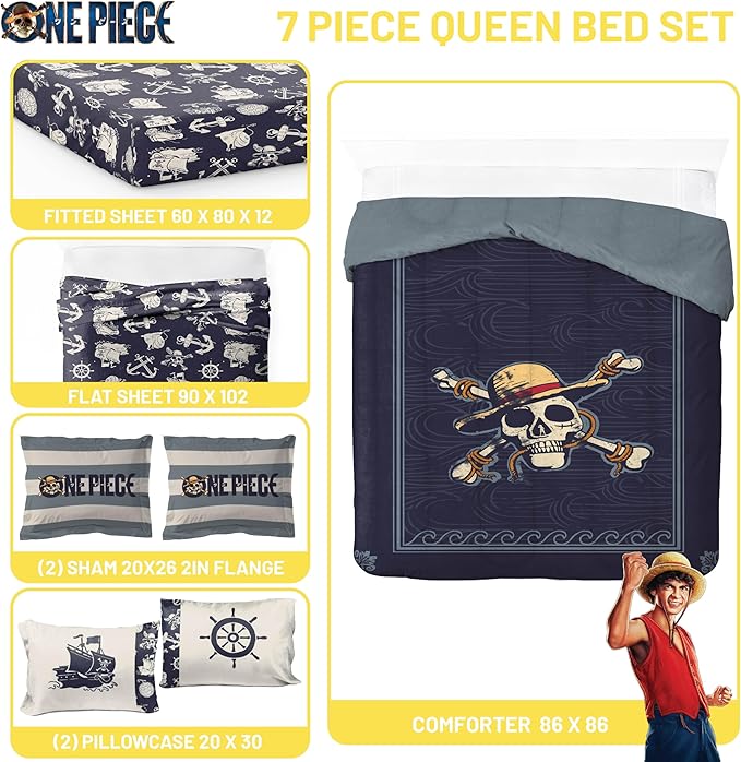 Jay Franco One Piece Queen Size Comforter Set - 7 Piece Blue Bedding Includes Sheet Set & Pillow Covers - Super Soft Anime Bedding with Skull and Bones