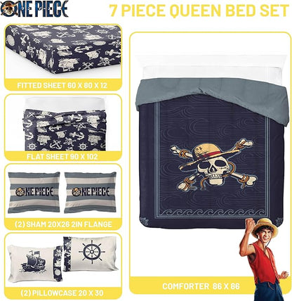 Jay Franco One Piece Queen Size Comforter Set - 7 Piece Blue Bedding Includes Sheet Set & Pillow Covers - Super Soft Anime Bedding with Skull and Bones
