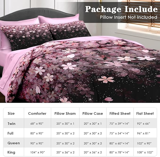 Comforter Set Full Size, Pink Cherry Flower 7 Pcs Bedding for Kids and Adults, Blossom Floral Bed Sheet Sets with Fitted Sheet 2 Pillowcases & 2 Shams for Bedroom Bed Decor