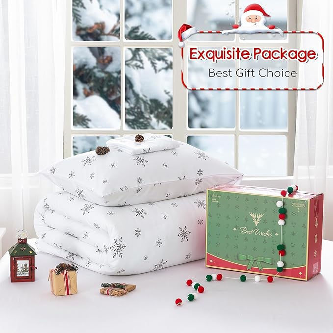 COTTEBED Twin Size Snowflake Comforter Set, Soft Cozy Polycotton Down Comforters for Twin XL Bedding Kid Children Boy Girl Teen College Dorm Signal Bed Holiday Home Ornament