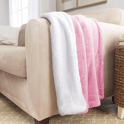 Genteele Sherpa Throw Blanket Super Soft Reversible Ultra Luxurious Plush Blanket, 90 x 90 inches, Pink/White