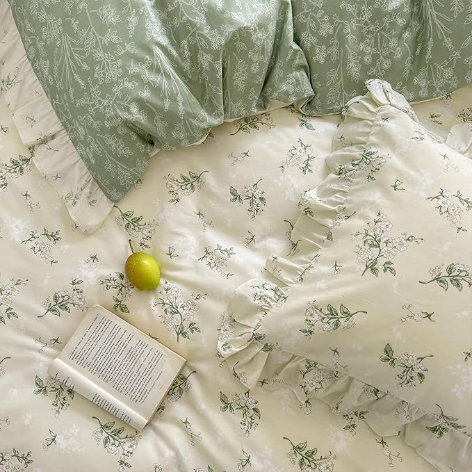 MKXI Queen Size Beige & Green Floral Comforter Set - 3 Piece Ruffled Lace Bedding Set with Reversible Design, Soft Aesthetic Cottagecore Style Green Leaf Comforter for Girls, Women, and Teens