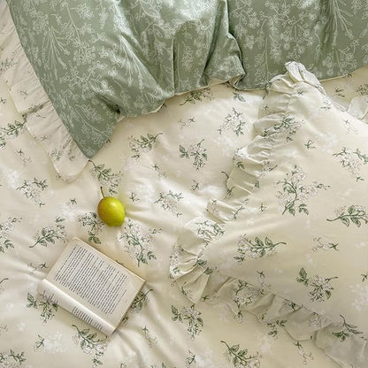 MKXI Queen Size Beige & Green Floral Comforter Set - 3 Piece Ruffled Lace Bedding Set with Reversible Design, Soft Aesthetic Cottagecore Style Green Leaf Comforter for Girls, Women, and Teens
