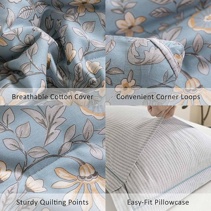 Smoky Blue Botanical Cotton Comforter Queen Size - 3PC Lightweight Bedding Sets with Soft Fill, Luxurious Vintage-Inspired Floral Patterns, Light Gray Striped Reversible Design