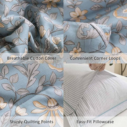 Smoky Blue Botanical Cotton Comforter Queen Size - 3PC Lightweight Bedding Sets with Soft Fill, Luxurious Vintage-Inspired Floral Patterns, Light Gray Striped Reversible Design