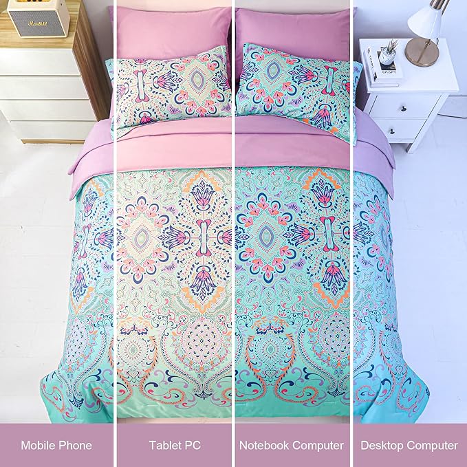 Queen Comforter Set, 7 Piece Bed in a Bag, Boho Aqua and Lilac Damask Medallion Print Comforter with Sheets, Soft Microfiber Complete Bedding Set for All Season (Aqua, Queen)