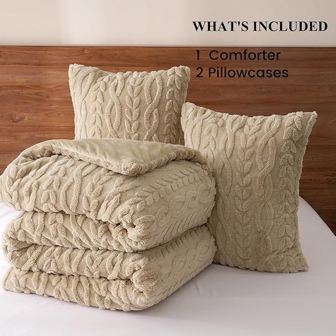 PHF Fluffy Sherpa Fleece Queen Comforter Set, 3 Pieces Warm Fuzzy Soft Bedding for Winter, 3D Tufted Flannel Plush Shaggy Bed Set, 1 Comforter (90"x90") and 2 Pillowcases (20"x26"), Khaki