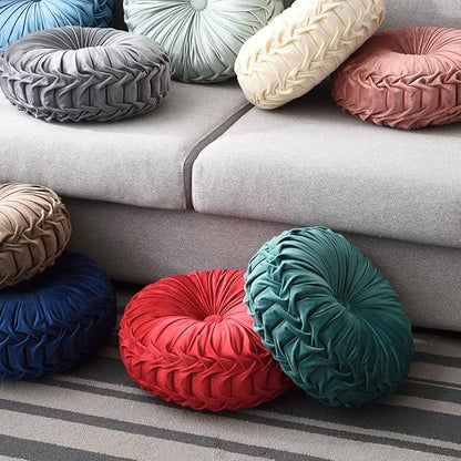 Round Throw Pillow Velvet 1 Pcs 14.17" Home Decoration Pleated 3D Pumpkin Pillow Cushion for Couch Chair Bed Car (Green)