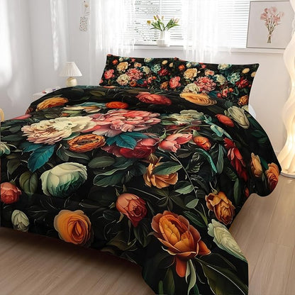 Cute Flower 3 Piece Bedding Set King Size，Colorful Floral Ultra Soft Microfiber Comforter Bed Set with 3-Pieces,Flower Comforters Sets for Girl Teen Floral Bedroom Decor with 2 Pillow Shams
