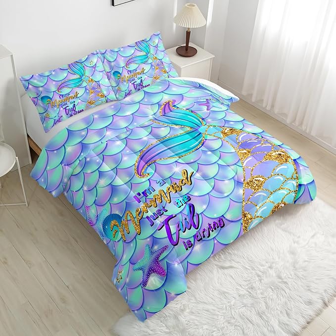 Blue Mermaid Tail Comforter Sets Twin Size，Bedding Sets for Kids,Blue Starfish Comforter Sets All Season 1 Comforter and 2 Pillowcases