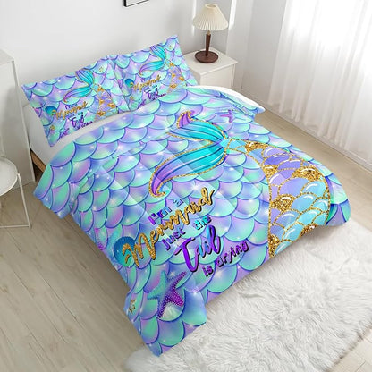 Blue Mermaid Tail Comforter Sets Full Size，Bedding Sets for Kids,Blue Starfish Comforter Sets All Season 1 Comforter and 2 Pillowcases