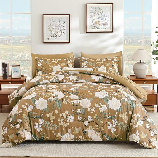 Anibedding 7Pieces Floral King Size Comforter Set, Garden Plant Style Bed in a Bag Brown White Flower Bedding Comforter Set with Pillow Case for Bedroom