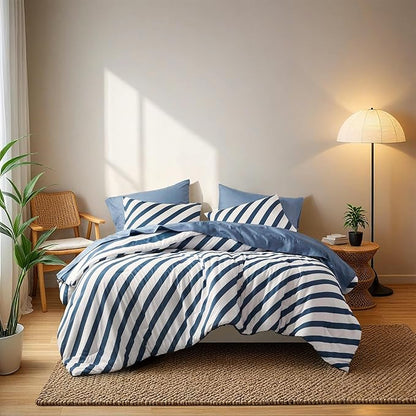 Reversible Striped Queen Comforter Set, Soft Microfiber Bedding Set with Double-Sided Stripes Design, Warm & Cozy for All-Seasons, 3-Piece Comforter and Shams Set Queen Size, Navy