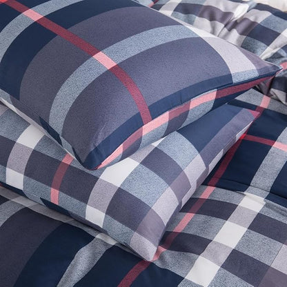 CLOTHKNOW Blue Plaid Twin Comforter Set 3Pcs Buffalo Tartan Bedding Comforter Sets Soft Geometric Grid Comforter with 2 x Pillow Cases