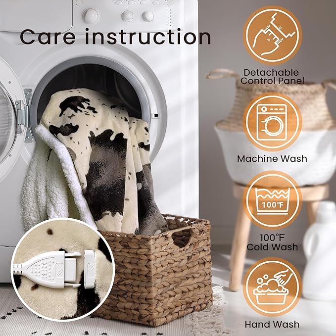 Cow Print Heated Throw Blanket Electric Blanket-Heating Blanket Throw with 10 Heat Levels & 10 Hours Auto-Off, Cozy Soft Fleece Sherpa, Washable, 50 x 60 Inches Cow Print Light Brown