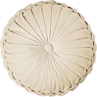 ROSE&RISY Round Pleated Hand-Stitched Velvet Throw Pillow, 1 Pcs Decorative Accent Pumpkin Pillow Cushion for Couch Sofa Chair Bed Car Home Decor (14.5 Inch, Cream)