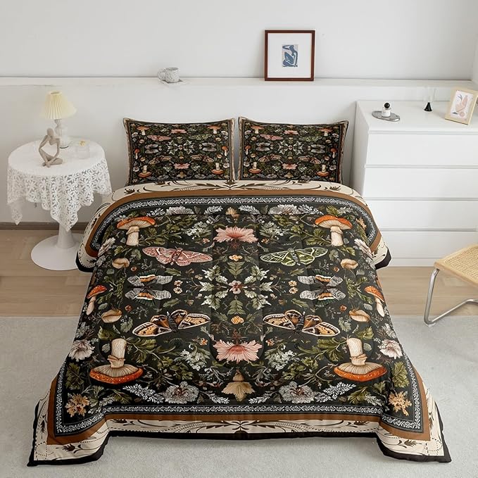 Erosebridal Boys Gothic Moth Black Comforter Set Queen, Boho Mushroom Bedding Set Butterfly Vintage Floral Comforter, Retro Leaf Wild Mushroom Quilt with 2 Pillowcases for Kids Teens Women Men