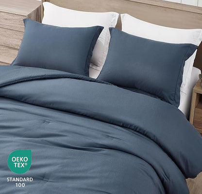 Chezmoi Collection Cliff 3-Piece Lightweight Cooling Comforter Set, Queen- Rayon Derived from Bamboo & Polyester Blended, Soft Breathable Bedding for Hot Sleepers, Steel Blue