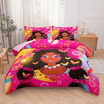 Tailor Shop Kawaii Black Girl Comforter Set Full Bedding Sets for Girls Fantasy Magic Cosmetic Pink Comforter African American Black Girl Bedding Set Girls Room Decor with 2 Pillowcases