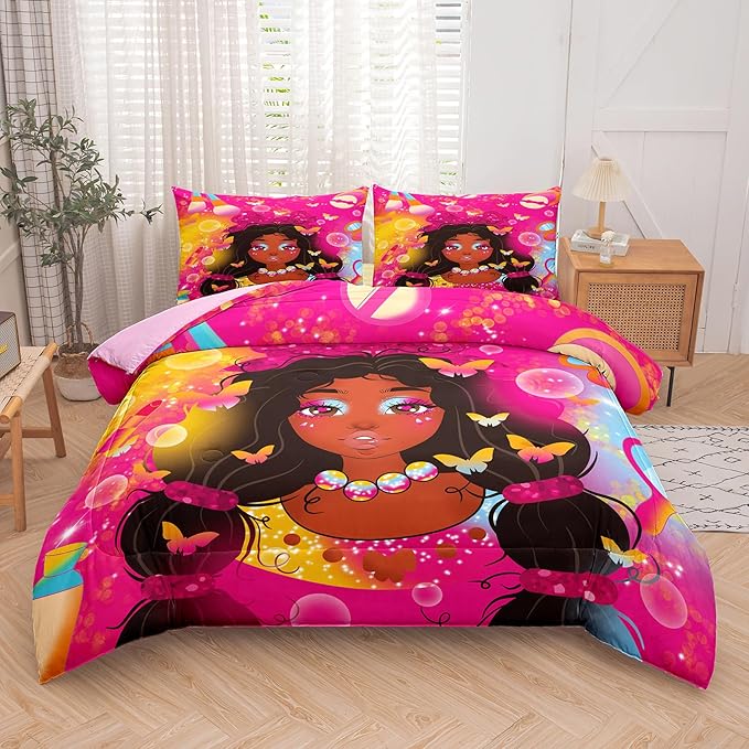 Tailor Shop Kawaii Black Girl Comforter Set Queen Bedding Sets for Girls Fantasy Magic Cosmetic Pink Comforter African American Black Girl Bedding Set Girls Room Decor with 2 Pillowcases