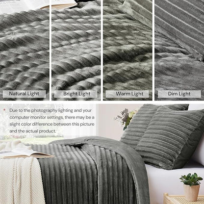 Geniospin Fleece Queen Comforter Set, Soft Fuzzy Queen Bedding Sets, 3-Pieces Gray Comforter Set for All Season, Warm Fluffy Comforter with 2 Pillow Cases