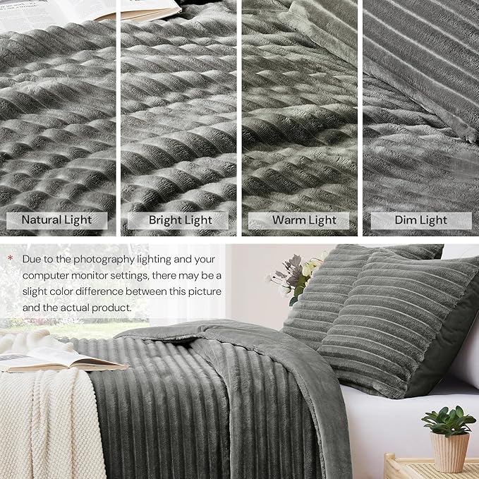 Geniospin Fleece King Size Comforter Set, Soft Fuzzy Fleece King Bedding Set, 3-Pieces Grey Comforter Set for All Season, Warm Fluffy Comforter with 2 Pillow Cases