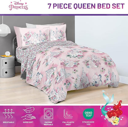Jay Franco Kids Comforter Set Includes Sheets and Pillow Covers - Soft and Cozy Bed Set for Stylish Room Decor, Pink - Disney Princess, 7 Piece Queen Bedding