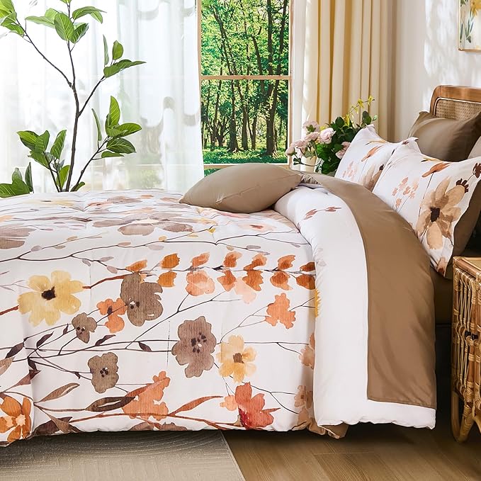 Anibedding 8Pieces King Size Comforter Set, Khaki Watercolor Floral Queen Size Bed in a Bag Comforter Set with Pillowcase, Sheets for All Season