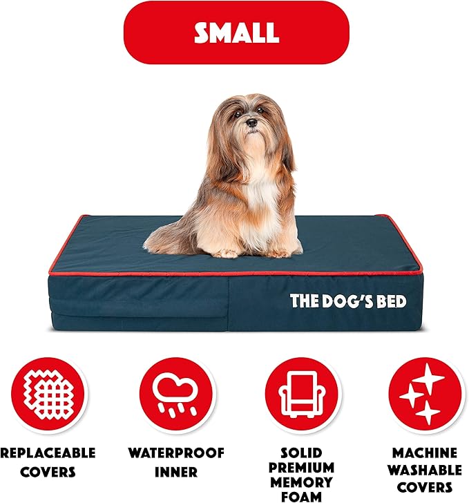 The Dog’s Bed Orthopedic Memory Foam Dog Bed Mattress, Oford Fabric, Blue with Red Trim, S, 4-Inch
