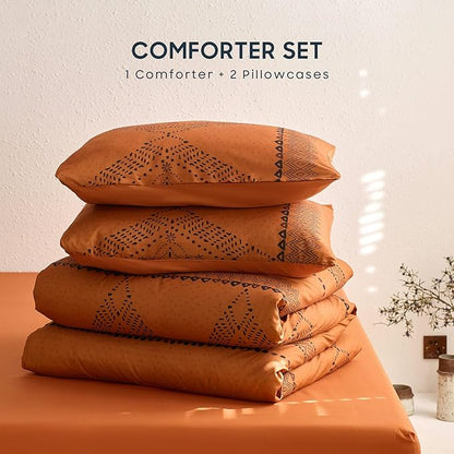 Wake In Cloud - Boho Comforter Set, Farmhouse Bohemian Western Aztec Neutral Aesthetic, Soft Lightweight Bedding, 3 Pieces, Burnt Orange, Full Size