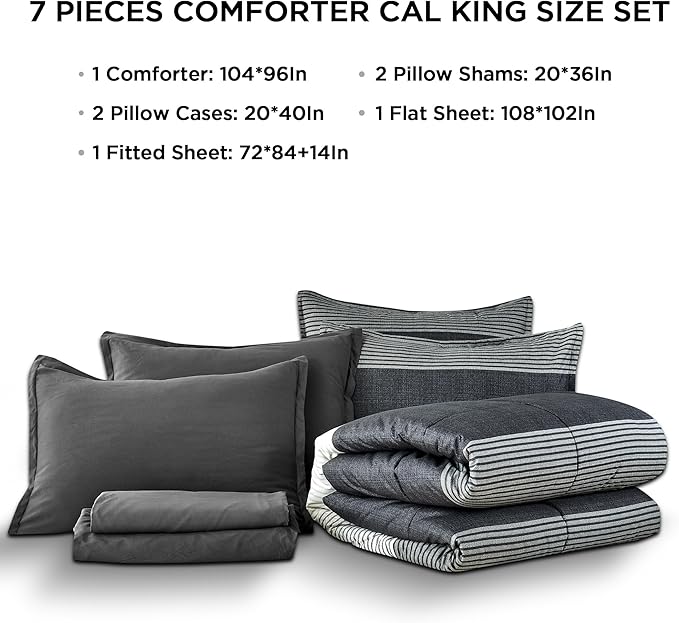 Andency California King Size Comforter Set 7 Pieces - Black White Striped Bed in a Bag, Soft Microfiber Patchwork All Season Bedding Set with Comforter, Fitted & Flat Sheet, Pillowcases & Shams