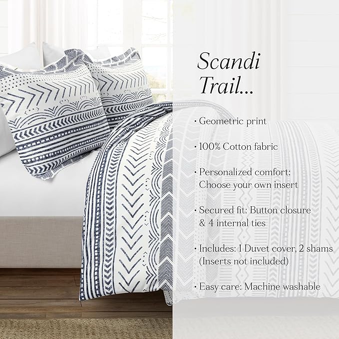 Lush Decor Hygge Geo Reversible 3 Piece Cotton Duvet Set, King, Navy & White