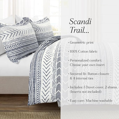 Lush Decor Hygge Geo Reversible 3 Piece Cotton Duvet Set, King, Navy & White